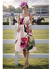economico Lunghezza alla caviglia-Linea ad A Lunghezza alla caviglia Abito Derby Abito da cerimonia per signora Senza Maniche Scollo Tondo Elegante Vintage Derby del Kentucky Raso con Stampa floreale Fiore Stampa