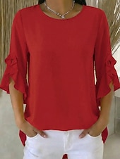 billiga Enkla blusar-Dam Blus Chiffong toppar Volang Asymmetrisk nederkant Slät Modern Ledigt 3/4 ärm Rund hals Vanliga toppar Utomhus Streetwear Helgdag Svart Rubinrött Orange Grön Sommar Vår