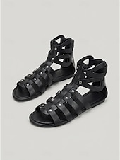 abordables Femmes-Sandales gladiateur noires cloutées pour femmes - sandales plates à brides tendance avec rivets argentés, idéales pour les festivals de musique d'été et les concerts rock. &amp;style bohème de rue