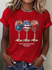 abordables Día de la Independencia Top-día de la independencia americana Mujer Camiseta Estampado Graphic Bandera Copa de vino Elegante Clásico Casual Manga Corta Cuello Barco Tops regulares Diario Azul Piscina Blanco Amarillo Rojo Negro