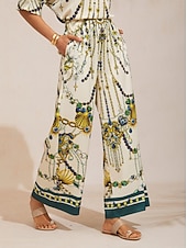 abordables Pantalones-joyas vintage, satén sedoso, pantalones de pierna ancha con cintura elástica,