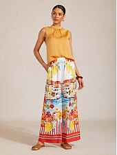 ieftine Pantaloni-Pantaloni Santorini de vară cu talie elastică mătăsoasă și croială largă