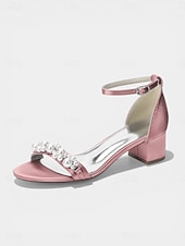 cheap Heeled Sandals-Women's Navy Pearl Embellished Chunky Heel Sandals - Elegant Ankle Strap Cocktail Party Dress Shoes