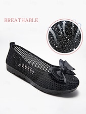 abordables Ballerines femme-Ballerines noires en maille pour femme, respirantes, ornées d'un nœud décoratif, à enfiler, confortables et décontractées, idéales pour le bureau et le quotidien. &amp; été