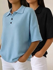 tanie Gładkie bluzki-Damskie Koszula waflowa Jednokolorowe Elegancja Aktywny Urlop Bez rękawów Rękaw 1/2 W serek Kołnierz polo Długie topy Codzienny Na zewnątrz Streetwear Niebieski / Czarny Biały + czarny Czerwony