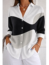  Mujer Camisa Camisa de gofres Camisa casual Botones Graphic Geométrico Vintage Elegante Manga Larga Tops regulares Diario Exterior Ropa de calle En blanco y negro Blanco+Negro Patrón blanco Verano