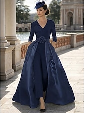 voordelige Mama&amp;#39;s jumpsuits-Broek Strijksleep Moeder van de bruid jurk 3/4 mouw V-hals Elegant Eenvoudig Zwart jurkje Bruiloft gast Formele avonden Stretchstof met Effen kleur