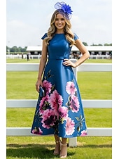 abordables Robes de cocktail-Ligne A Longueur cheville Robes de Cocktail Robes de soirée Fente Haute La mère de la mariée Manche Courte Bijoux Formel robe demoiselle d honneur Poche Satin avec Imprimé floral Poche