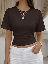 cheap Plain tee-Women's T Shirt Tee Top Ruched Solid Color Graphic Plain Fashion Stylish Classic Short Sleeve Crew Neck Round Neck Crop Tops Casual Daily Going out Black White Pink Gray Light Blue Summer Spring