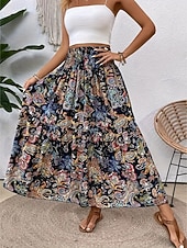 abordables Faldas de Vacaciones-Mujer Falda de vacaciones Bohemia Vintage Casual Maxi Alta cintura Faldas Cachemir Estampado Elástico Diario Calle Negro Vino Rojo Naranja Verano