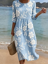 cheap Floral Dress-Women's Midi Dress Sundress Summer Dress Vacation Casual Boho Holiday Regular Fit Floral Graphic 3/4 Length Sleeve Crew Neck Blue Pink Purple Green Summer Spring