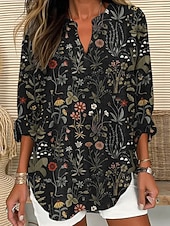 abordables Blusas Florales-Mujer Camisa camisa boho Blusa Estampado Floral Graphic Vintage Diario Elegante Manga Larga Escote en Pico Tops largos Casual Diario Festivos Negro Verde Trébol Beige Verano Primavera