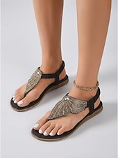 preiswerte Flache Sandalen-Funkelnde goldene Strass-Zehentrenner-Sandalen für Damen – elegant verziert mit Strasssteinen und metallischen Riemen, ideal für den Strandurlaub &amp;tropische Inselresorts