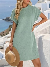 cheap Plain Dress-Women's Mini Dress Casual Dress T Shirt Dress Tee Dress Summer Dress Basic Classic Daily Vacation Loose Fit Plain Short Sleeve Crew Neck Black Light Green Pink Navy Blue Summer Spring