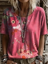 cheap Floral tee-Women's T Shirt Print Floral Graphic Plants Vintage Stylish Casual Short Sleeve Crew Neck Round Neck Regular Tops Casual Daily Blue Pink Purple Summer Spring