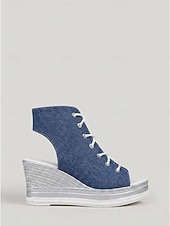 economico Sandali con Piattaforma-Sandali con zeppa e lacci in denim da donna – espadrillas con plateau e punta aperta, ideali per festival musicali, vacanze e abbigliamento casual all'aperto.