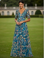  А-силуэт Платья В пол Платье для вечеринки Коктейльные платья Платье для матери невесты Рукав до локтя V-образный вырез Элегантный стиль Винтаж Роскошный Официальные Свадебный гость Дерби в Кентукки