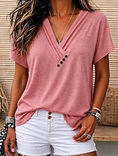 economico T-shirt semplice-Per donna Top estivi Arricciato Bottoni Grafico Semplice Elegante Classico Manica Corta Scollo a V Top lunghi Casuale Quotidiano Abbigliamento da vacanza Bianco Rosa Verde Grigio Azzurro Estate