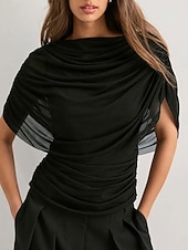  Women's T Shirt Tee Dressy Tops Ruched Graphic Plain Elegant Short Sleeve Crew Neck Regular Tops Casual Beach Summer Black Summer Spring