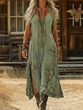 preiswerte Ethnisches Boho-Kleid-Damen Maxikleid Boho-Kleid Freizeitkleid A Linie Kleid Druckkleid Vintage Outdoor Urlaub Wochenende Normale Passform Blumen Grafik Kurzarm V Ausschnitt Blau Dunkelgrün Violett Grün Sommer Frühling