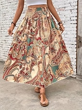 abordables Faldas de Vacaciones-Mujer Falda de vacaciones Bohemia Vintage Casual Maxi Alta cintura Faldas Cachemir Estampado Elástico Diario Calle Negro Vino Rojo Naranja Verano