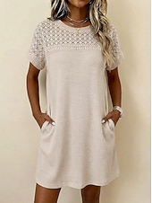 baratos Vestido branco-Mulheres Minivestido Vestido de renda Vestido Waffle Vestido T shirt Básico Clássico Diário Férias Normal Tecido Manga Curta Gola Redonda Preto Branco Rosa Damasco Verão Primavera