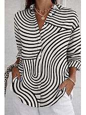  Mujer Camisa Camisa de gofres Camisa casual Botones Graphic Geométrico Vintage Elegante Manga Larga Tops regulares Diario Exterior Ropa de calle En blanco y negro Blanco+Negro Patrón blanco Verano