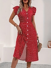 cheap Casual Floral Dresses-Women's Midi Dress Casual Dress Floral Dress Elegant Fashion Modern Outdoor Vacation Going out Regular Fit Floral Short Sleeve V Neck Black Red Green Summer Spring