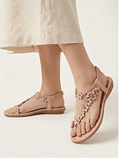 baratos Sandálias Planas-sandálias femininas com tiras em T e detalhes florais e sola acolchoada – perfeitas para passeios casuais de verão