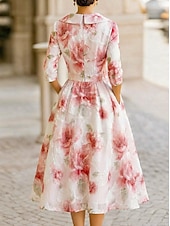 cheap Tea Length-A-Line Tea Length Party Dress Cocktail Dress Wedding Guest Dress Mother of the Bride Dress 3/4 Length Sleeve V Neck Shirt Collar Elegant Vintage Formal Organza Jacquard with Floral Print