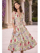 abordables Cocktailjurken-A-Line Tea Length Cocktail Dresses Elegant Vintage Floral Half Sleeve V Neck Garden Party Wedding Lace with Embroidered Flower Embroidery Pocket