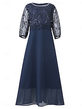 billiga Chiffon Dresses-Women's Midi Dress Chiffon Dress Lace Dress Casual Dress Elegant Fashion Modern Outdoor Vacation Going out Regular Fit Plain Half Sleeve V Neck Navy Blue Summer Spring