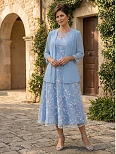 preiswerte Mamas Kleidersets-Zweiteilig A-Linie Knöchellänge Tee-Länge Kleid für Hochzeitsgäste Brautmutterkleid Ärmellos Dreiviertelarm Rundhalsausschnitt Elegant Einfach Minimalistisch Formell Semi-Formal Chiffon Spitze mit