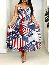  Amerykański Dzień Niepodległości Damskie Sukienka maxi Sukienka letnia Sukienka A line Sukienka na ramiączkach Urlop Codzienny Plaża Wyjściowe Regularny Graficzny Gwiazdy i paski Bez rękawów W serek