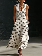 ieftine Rochii cu dungi și geometrice-Pentru femei Rochie Maxi Rochie de Vară Rochie casual Rochie A line Elegant Vacanță Stilat Plajă Concediu Fit regulat Grafic Geometric Buline Fără manșon În V Alb Galben Vară Primăvară
