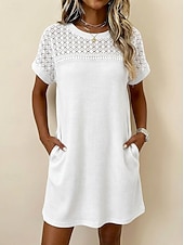 baratos Vestido branco-Mulheres Minivestido Vestido de renda Vestido Waffle Vestido T shirt Básico Clássico Diário Férias Normal Tecido Manga Curta Gola Redonda Preto Branco Rosa Damasco Verão Primavera