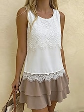  Damskie Sukienka mini Biała koronkowa sukienka Codzienny Urlop Ulica Święto Regularny Bez rękawów Półgolf Biały Lato