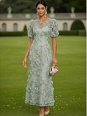 cheap Cocktail Dresses-Sheath Column Ankle Length Lace Dress Cocktail Dresses Elegant Vintage Floral Short Sleeve One Shoulder Garden Party Wedding Satin Tulle with 3D Flowers Bow(s)