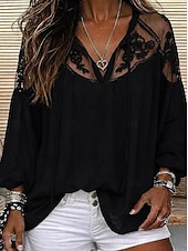 cheap Lace Tops-Women's Shirt Blouse Lace Tops Ruched Lace Plain Stylish Modern 3/4 Length Sleeve V Neck Regular Tops Casual Daily Holiday Black White Summer Spring