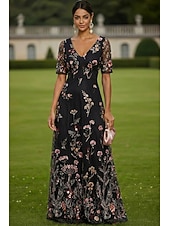 voordelige Vloerlengte-A-lijn Jurken Tot de grond Maxi-jurk Feestjurk Cocktail jurk Moeder van de bruid jurk Korte mouw V-hals Elegant Vintage Luxueus Formeel Bruiloft gast Kentucky Derby Chiffon Tule met Bloemenprint