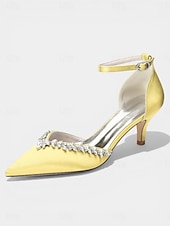 abordables Zapatos de salón de tacón bajo-Zapatos de tacón bajo de satén rosa para mujer, zapatos de salón con tira en el tobillo y punta afilada con pedrería para cócteles y bodas. &amp;eventos nocturnos