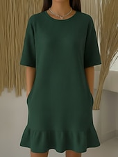  Жен. Платье до колена Платья с баской Мода Классика Повседневные на открытом воздухе Свободное облегание Полотняное плетение Рукав до локтя Вырез под горло