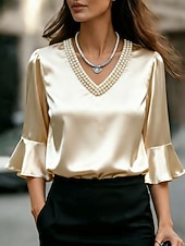 cheap Plain Blouses-Women's Satin Elegant Long Sleeve V Neck Regular Tops Casual Daily Beach Apricot Summer Spring Fall