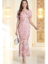 levne Koktejlové šaty-Mořská panna party šaty vintage šaty svatba svatební host Ankle délky krátký rukáv s kulatým výstřihem tyl s výšivkami šaty