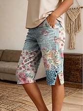 abordables Pantalones cortos bermudas-Mujer Bermudas Pantalones cortos de lino y algodón Pantalones Capri Polainas Vacaciones Vintage estilo costero de la abuela Medio corto Media cintura Floral Graphic Estampado Comodidad Rígido Diario