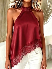  Pentru femei Maiou din satin Tricou Tee Top Dantelă Peteci Simplu Elegant Modă Stilat Fără manșon Gâtul halter Topuri obișnuite Casual Zilnic Ieșire Negru Roșu Vin Maro Bej Vară Primăvară