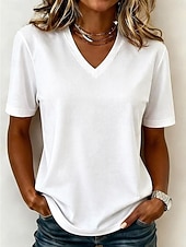  Femmes T-shirt Chemise en coton Couleur Unie Mode Élégant Basique Manche Courte Col en V Hauts Réguliers Occasionnel Quotidien Sortir Bleu Blanche Vert Claire Rose Claire Rouge Été Printemps