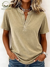  Per donna Maglia Henley Vintage Moda Elegante Manica Corta Top Regolari Casuale Spiaggia Blu Nero Viola Arancione Cachi Primavera