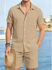 cheap Cotton Linen Shirt-Men Linen Shirt 2 Piece Shirt Set And Shorts Linen Shorts Beach Shorts Set Vertical Stripes Casual Daily Outdoor Turndown Short Sleeve Summer Fashion Casual Comfortable Clothing Apparel