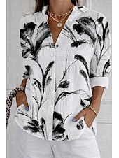  Mujer Camisa Camisa de gofres Camisa casual Botones Graphic Geométrico Vintage Elegante Manga Larga Tops regulares Diario Exterior Ropa de calle En blanco y negro Blanco+Negro Patrón blanco Verano